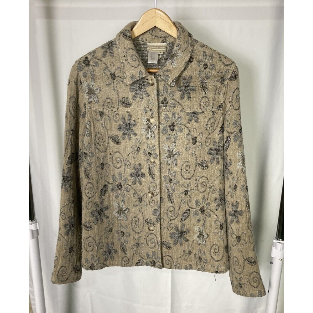 Coldwater Creek Wool Cardigan Button Large Tan Beige Woven Shacket EUC